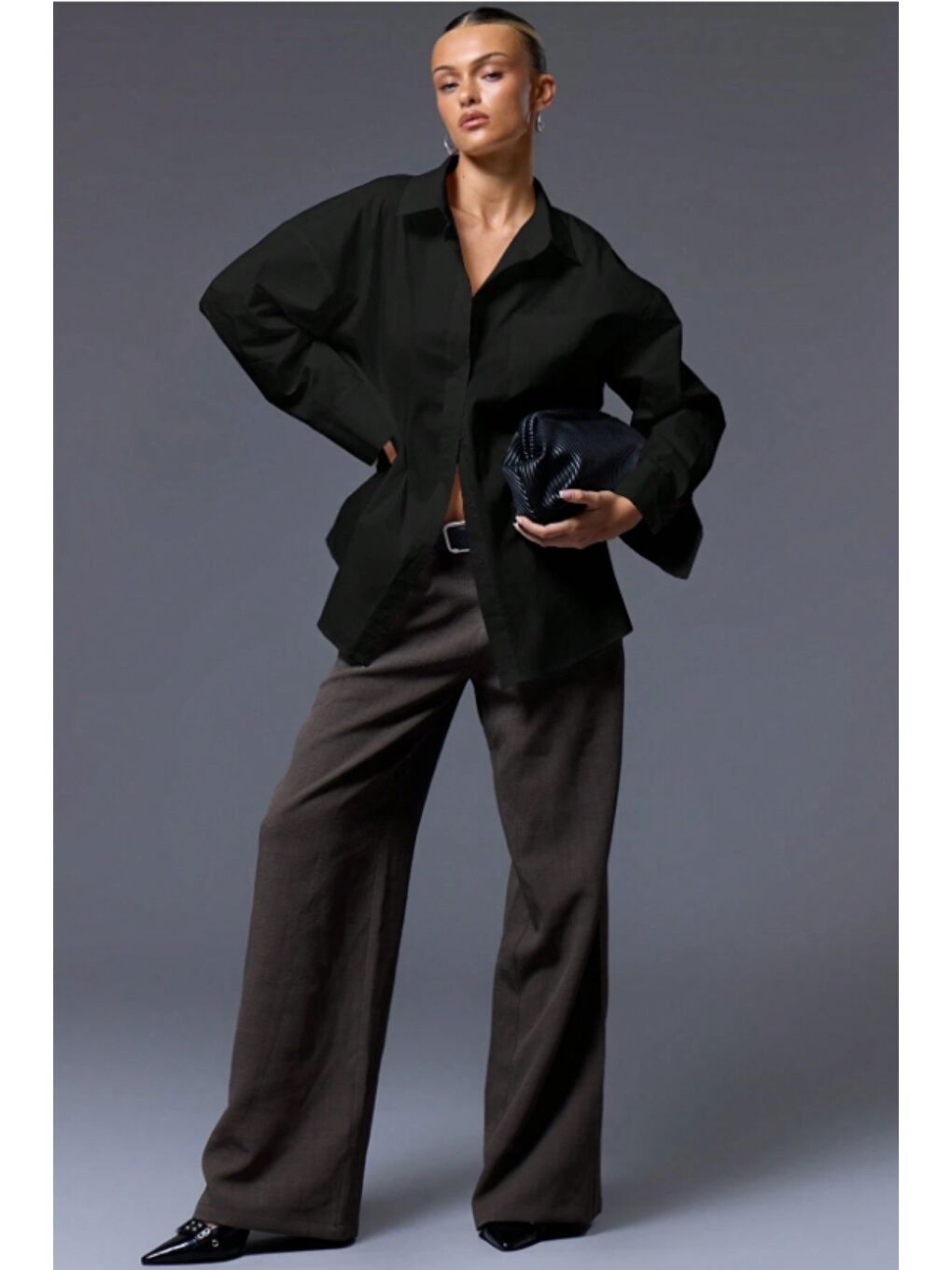 Siyah Kadın Oversize Gömlek Uzun Kollu Basic Salaş Kesim Poplin Trend Günlük Gömlek-1