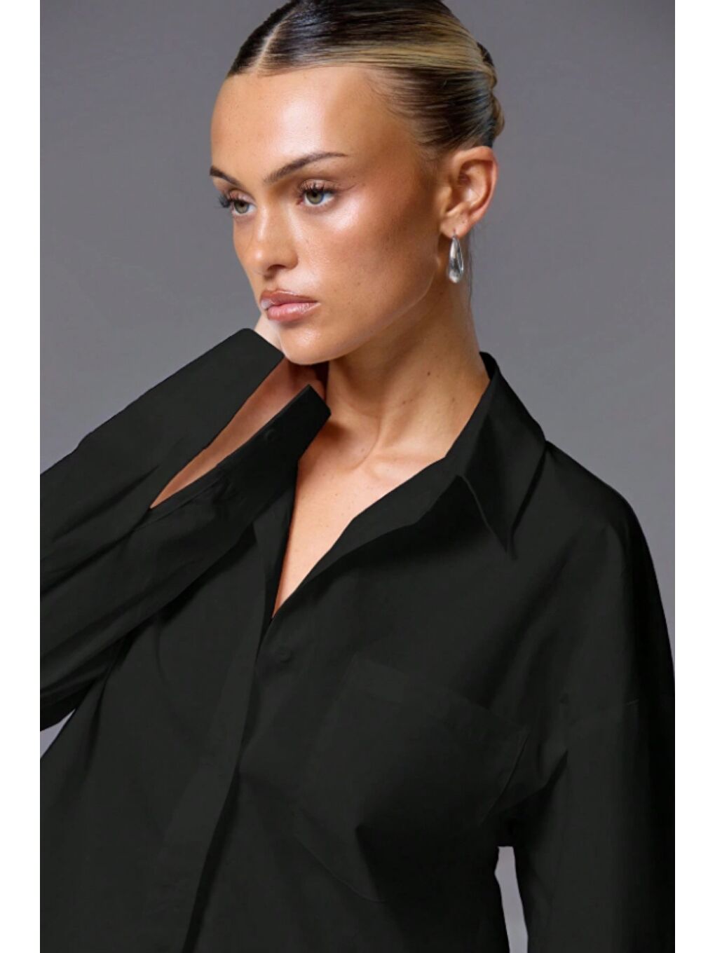 Siyah Kadın Oversize Gömlek Uzun Kollu Basic Salaş Kesim Poplin Trend Günlük Gömlek-2