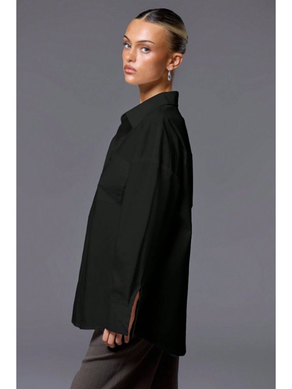 Siyah Kadın Oversize Gömlek Uzun Kollu Basic Salaş Kesim Poplin Trend Günlük Gömlek-3