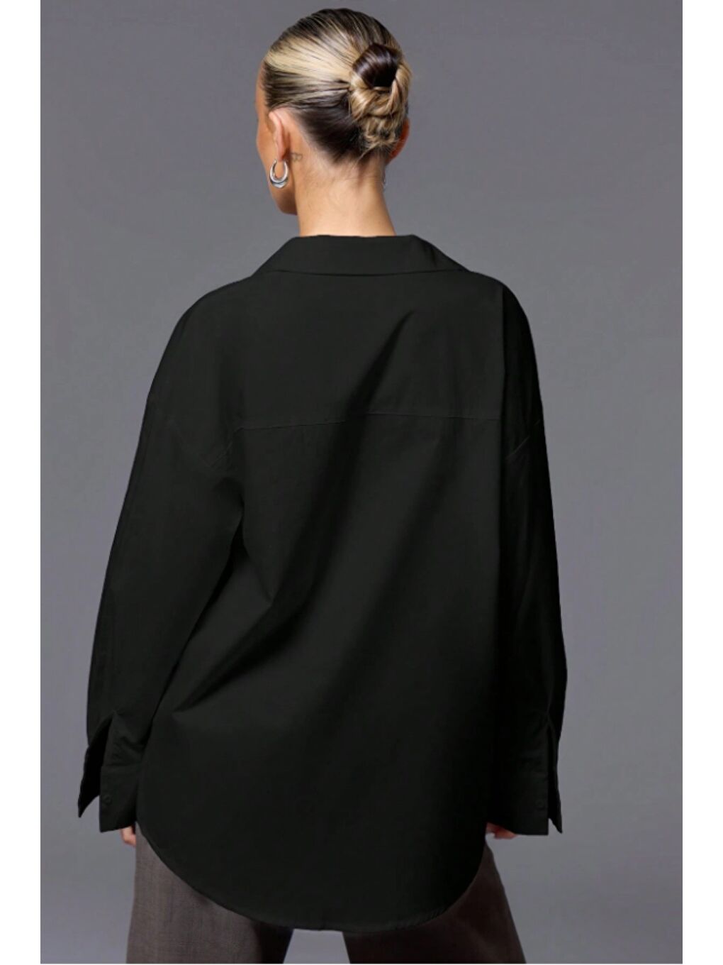 Siyah Kadın Oversize Gömlek Uzun Kollu Basic Salaş Kesim Poplin Trend Günlük Gömlek-4