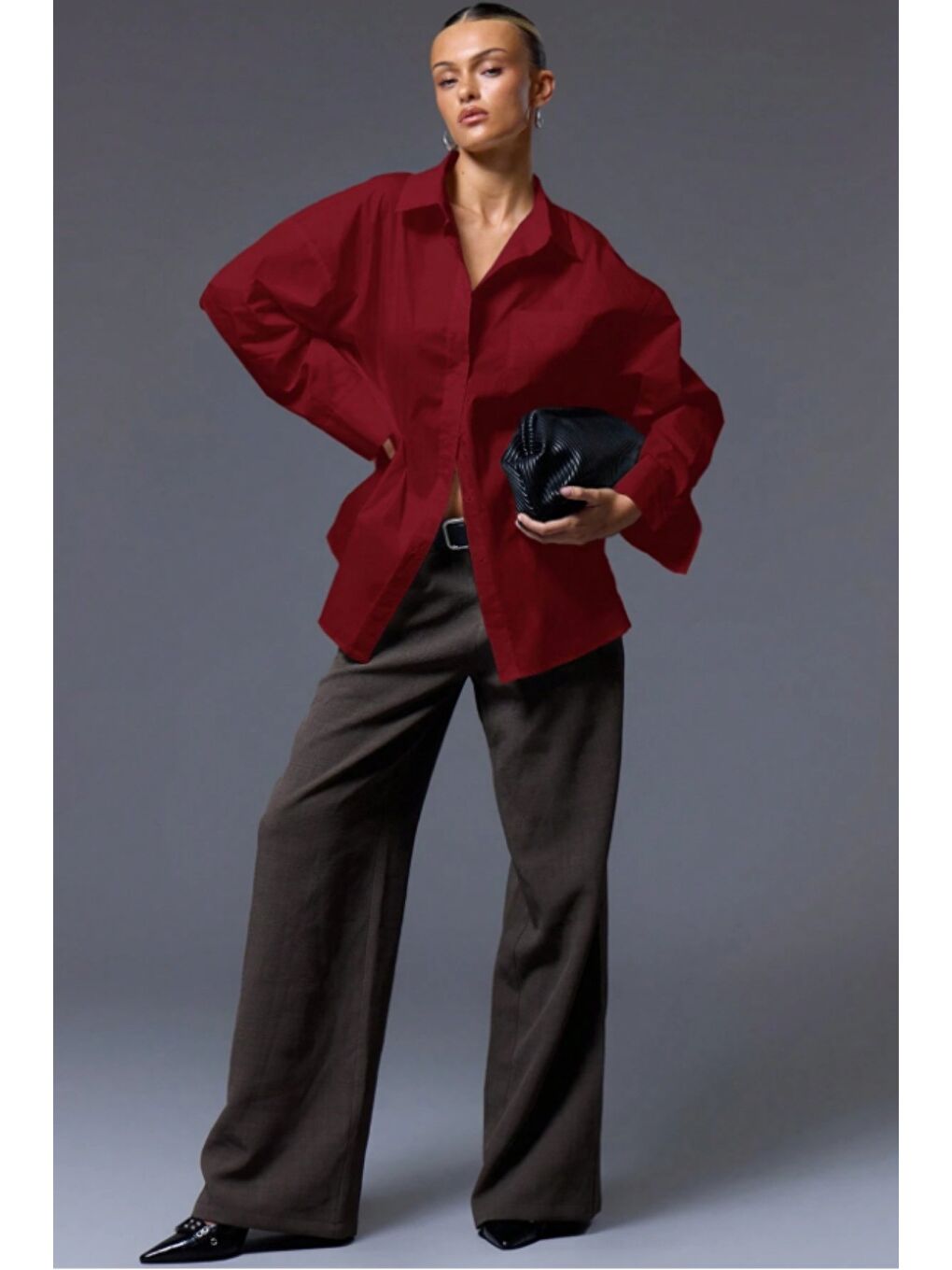 Bordo Kadın Oversize Gömlek Uzun Kollu Basic Salaş Kesim Poplin Trend Günlük Gömlek-1