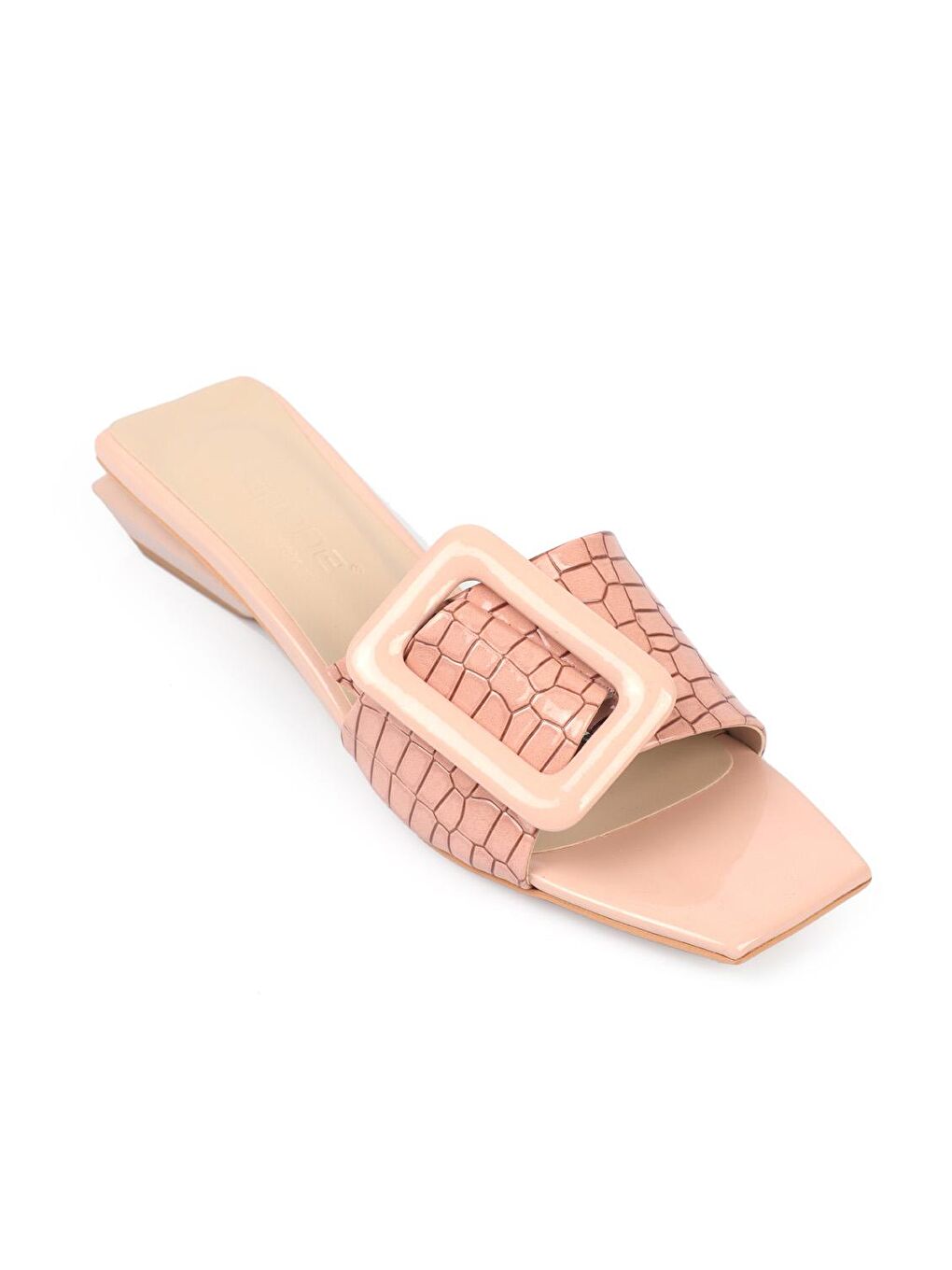 Pembe Kısa Topuklu Tokalı Rugan Kroko Kadın Terlik-1