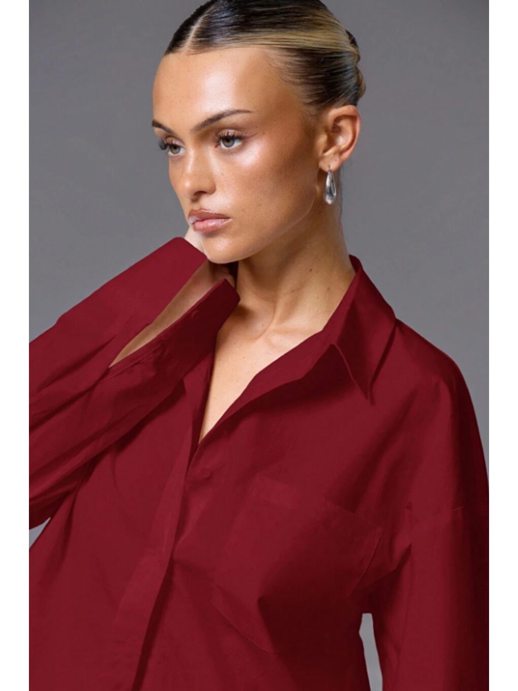 Bordo Kadın Oversize Gömlek Uzun Kollu Basic Salaş Kesim Poplin Trend Günlük Gömlek-2