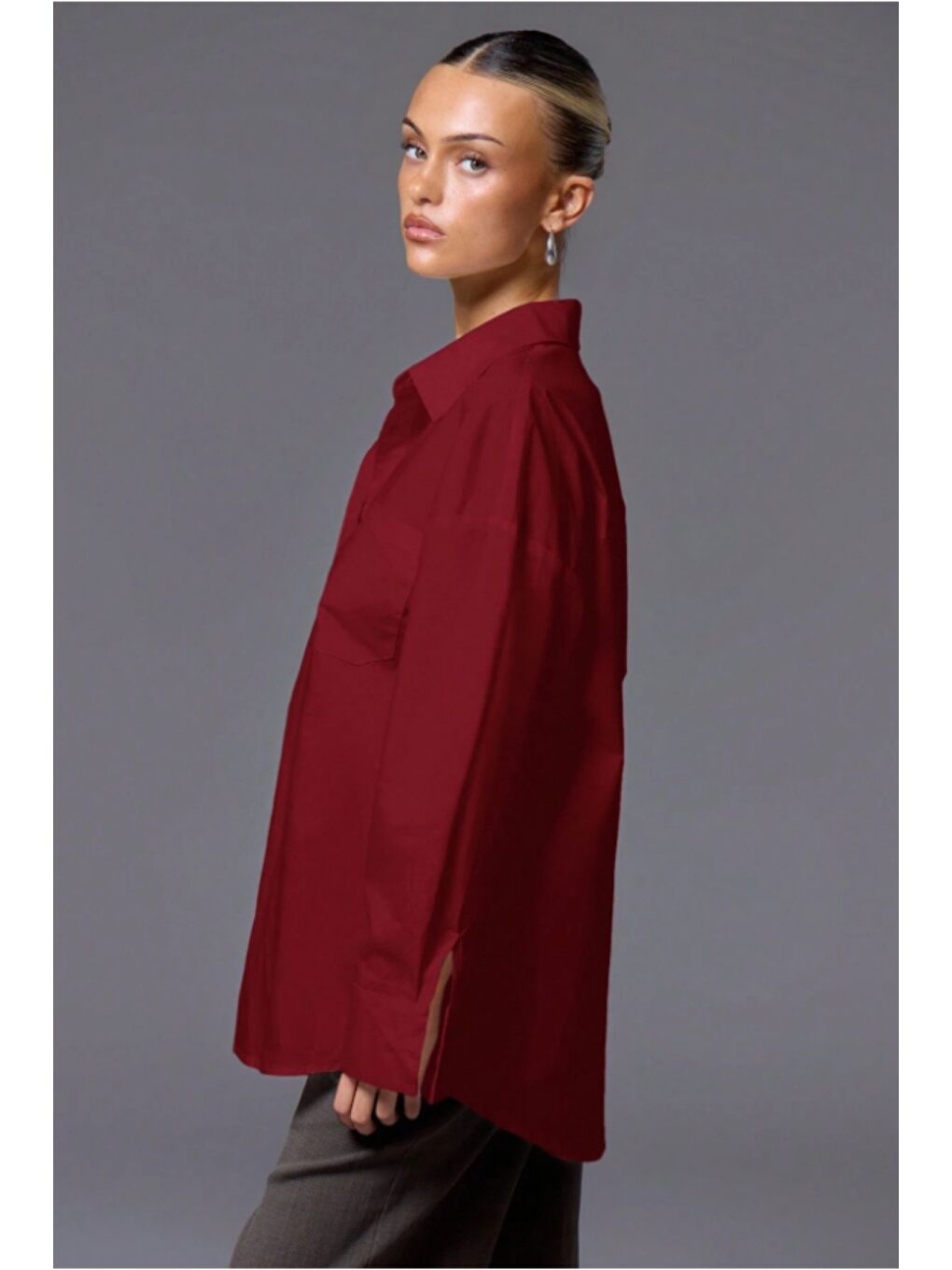 Bordo Kadın Oversize Gömlek Uzun Kollu Basic Salaş Kesim Poplin Trend Günlük Gömlek-3