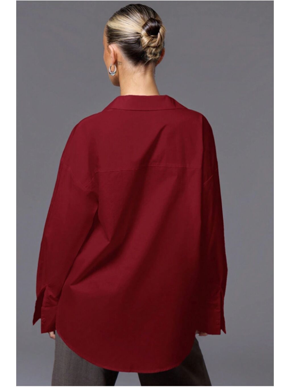 Bordo Kadın Oversize Gömlek Uzun Kollu Basic Salaş Kesim Poplin Trend Günlük Gömlek-4