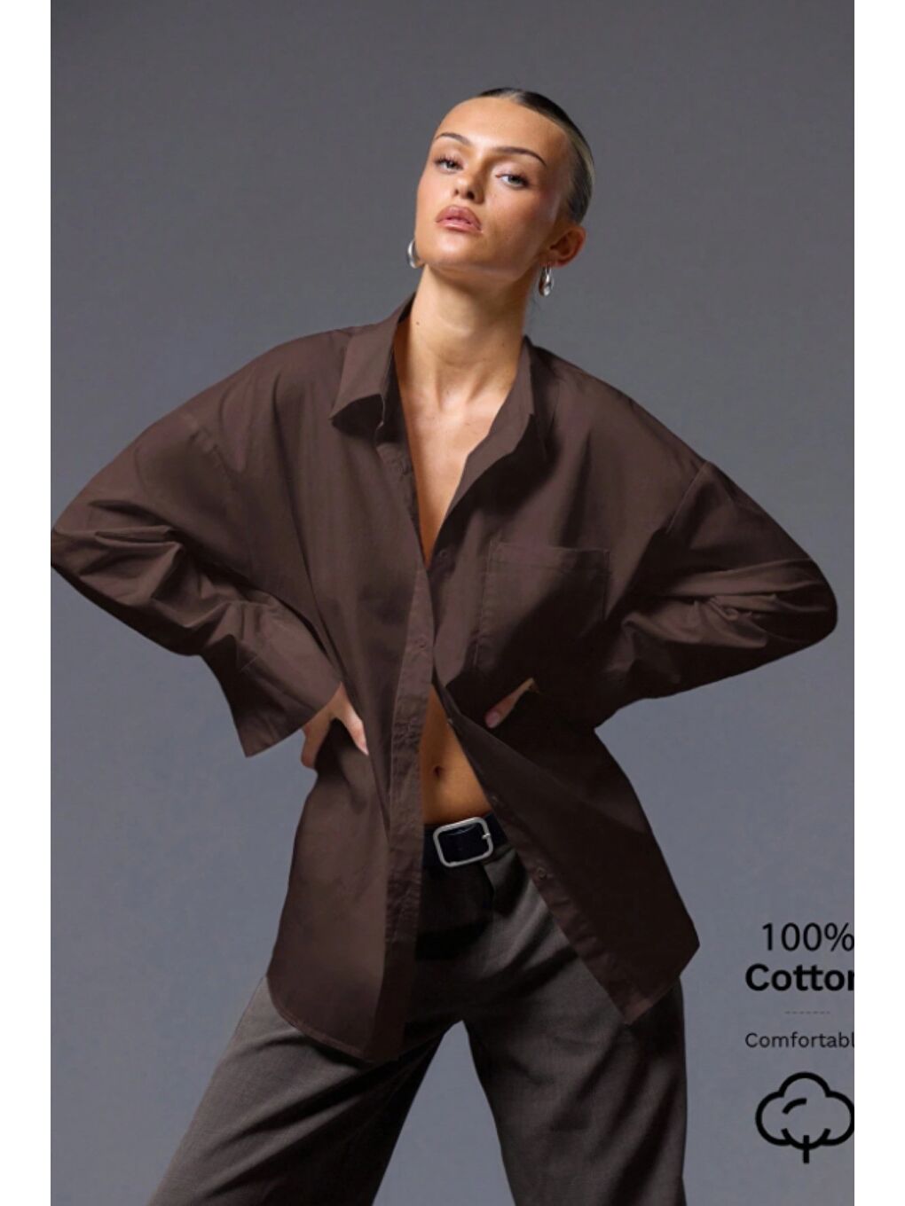 Kahverengi Kadın Oversize Gömlek Uzun Kollu Basic Salaş Kesim Poplin Trend Günlük Gömlek