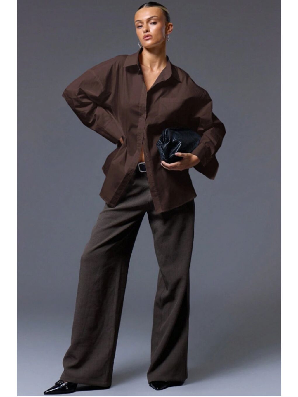 Kahverengi Kadın Oversize Gömlek Uzun Kollu Basic Salaş Kesim Poplin Trend Günlük Gömlek-1