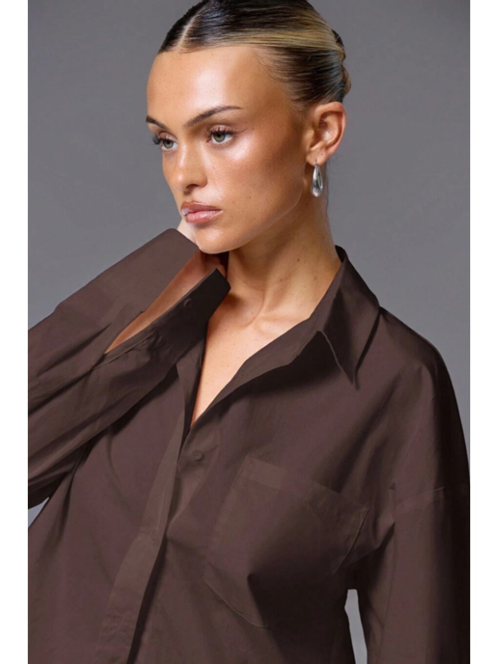 Kahverengi Kadın Oversize Gömlek Uzun Kollu Basic Salaş Kesim Poplin Trend Günlük Gömlek-2