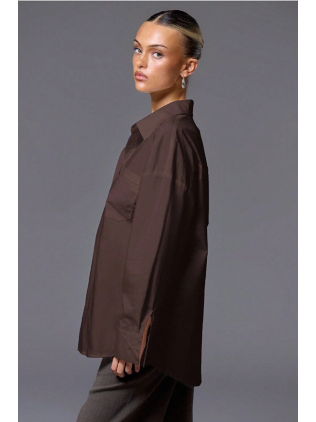 Kahverengi Kadın Oversize Gömlek Uzun Kollu Basic Salaş Kesim Poplin Trend Günlük Gömlek-3
