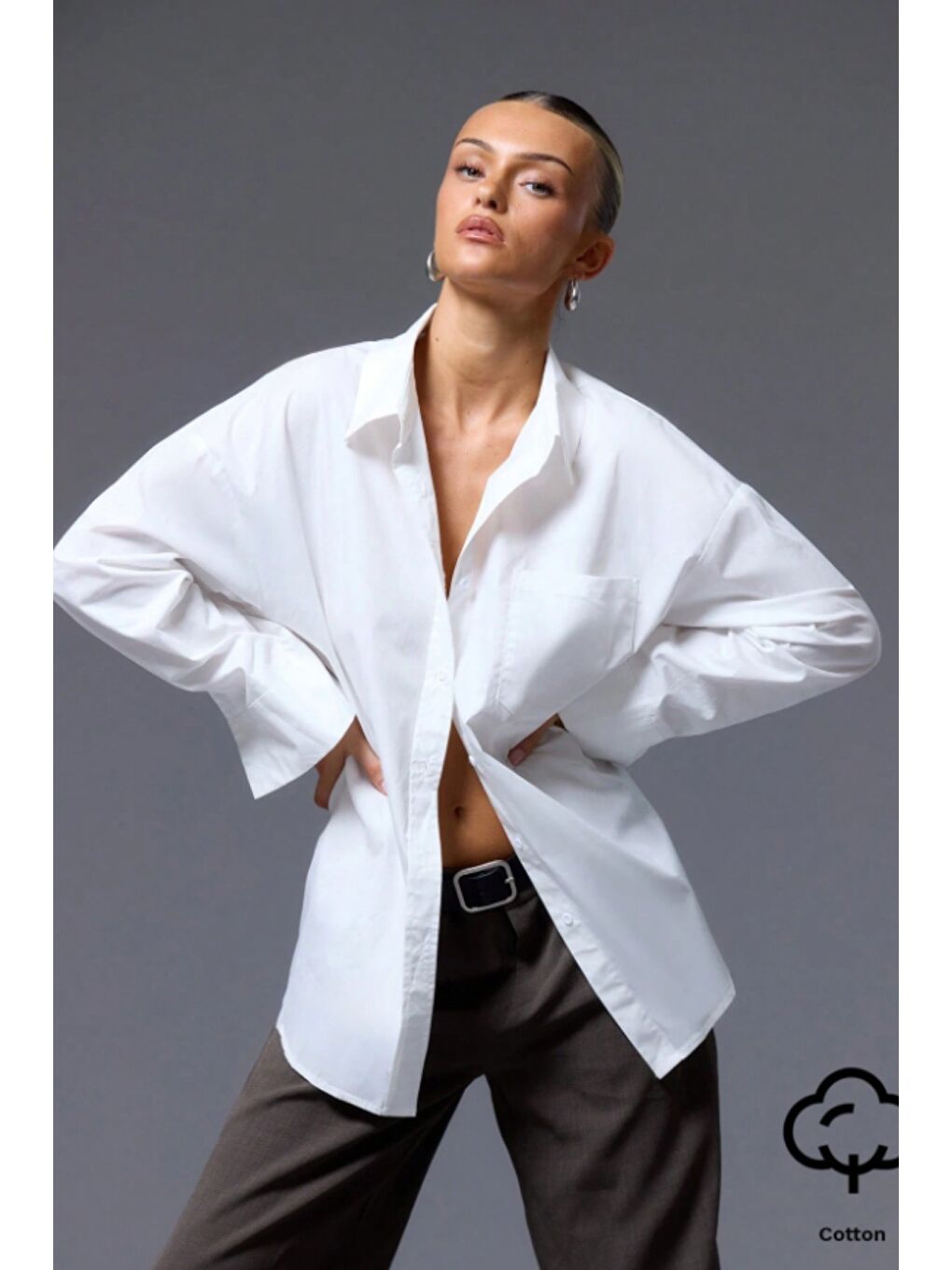 Beyaz Kadın Oversize Gömlek Uzun Kollu Basic Salaş Kesim Poplin Trend Günlük Gömlek