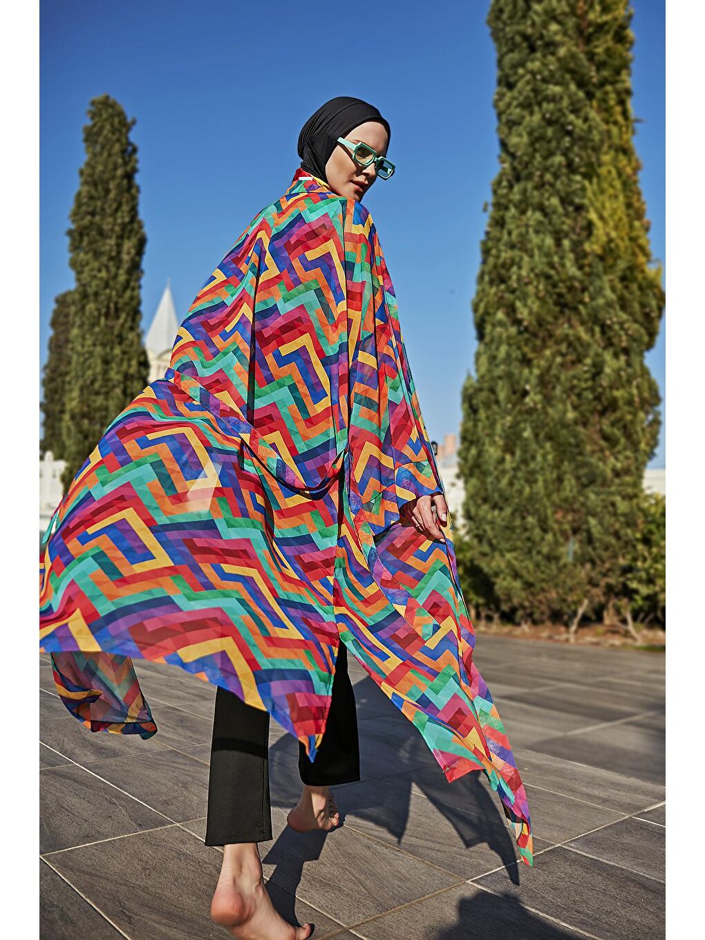 Siyah Tesettür Mayo Üzerine Tek Kaftan Kimono Pareo RP016 Tetris