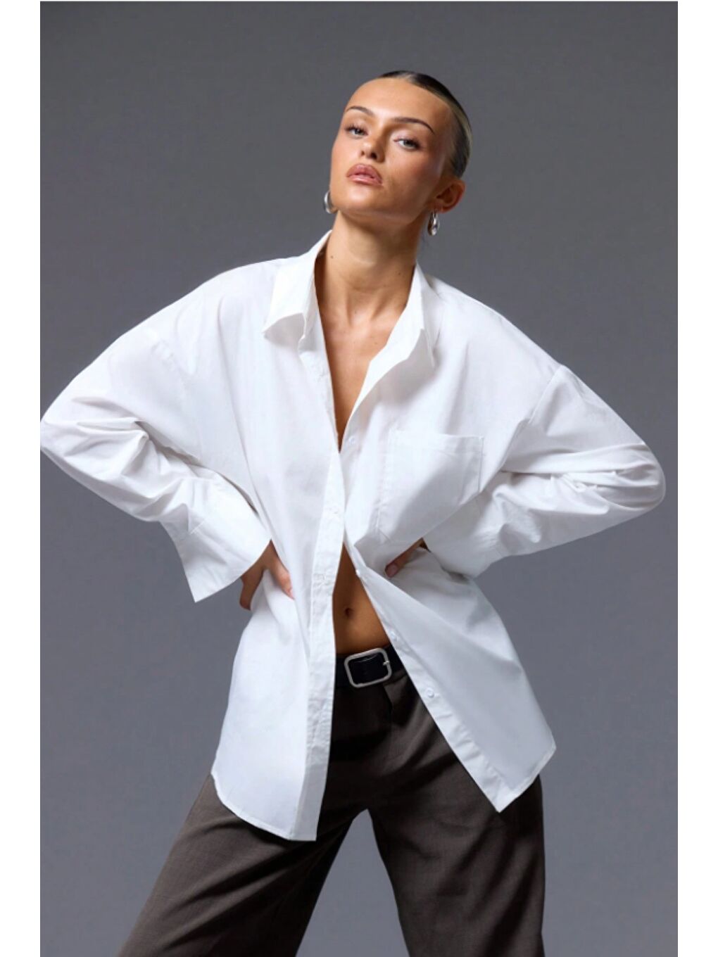 Beyaz Kadın Oversize Gömlek Uzun Kollu Basic Salaş Kesim Poplin Trend Günlük Gömlek-1