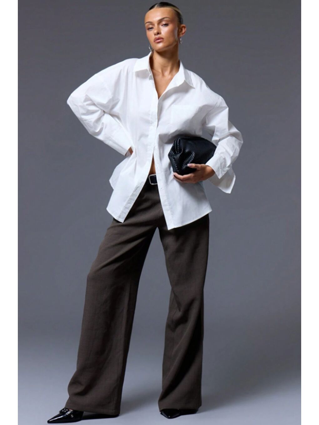 Beyaz Kadın Oversize Gömlek Uzun Kollu Basic Salaş Kesim Poplin Trend Günlük Gömlek-2