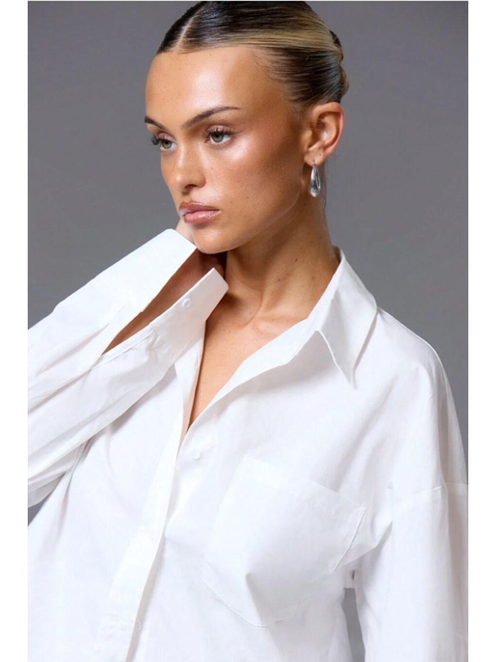 Beyaz Kadın Oversize Gömlek Uzun Kollu Basic Salaş Kesim Poplin Trend Günlük Gömlek-3