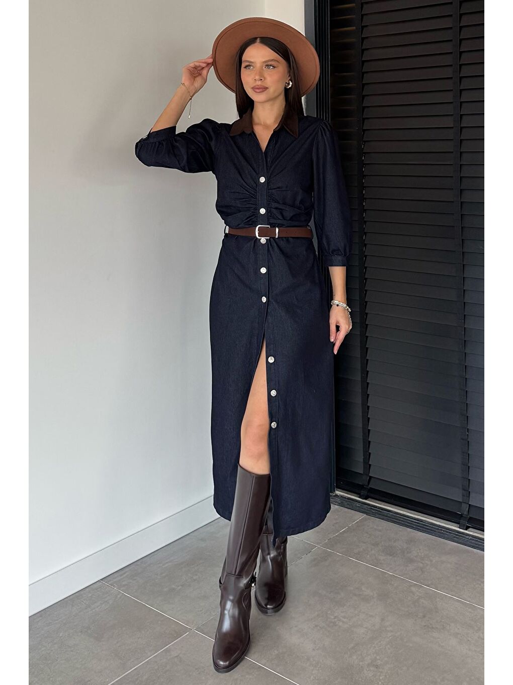 Lacivert Kadın Boydan Düğmeli Bel Kemer Aksesuarlı Jean Jean Elbise-1