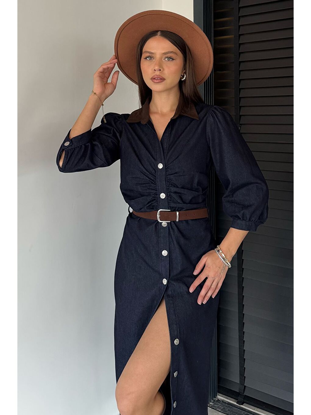 Lacivert Kadın Boydan Düğmeli Bel Kemer Aksesuarlı Jean Jean Elbise-2