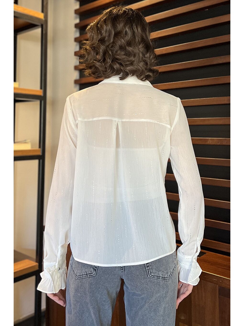 Ekru Kadın Volanlı İçlik Kombinli Gömlek-2