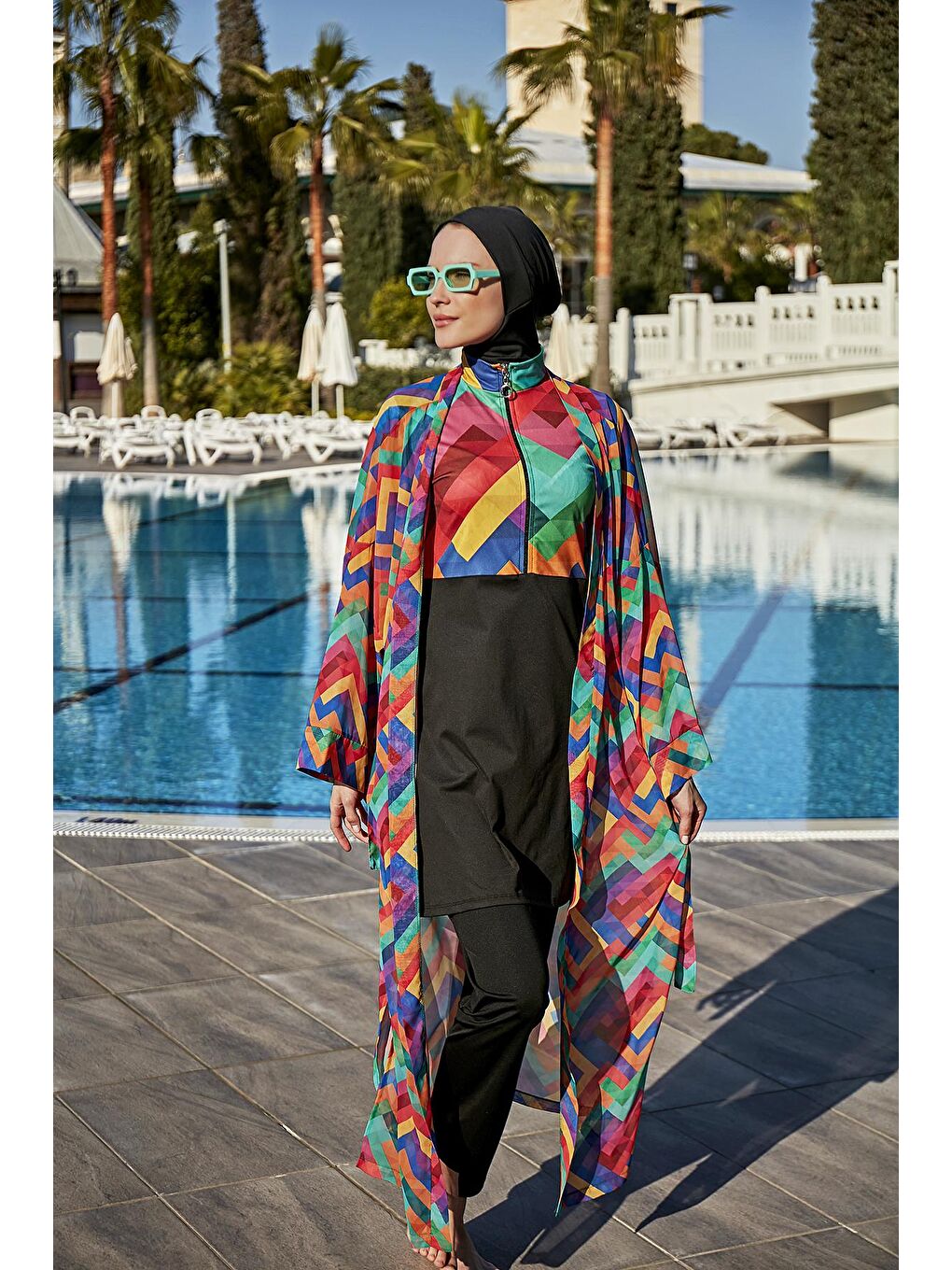 Siyah Tesettür Mayo Üzerine Tek Kaftan Kimono Pareo RP016 Tetris-1