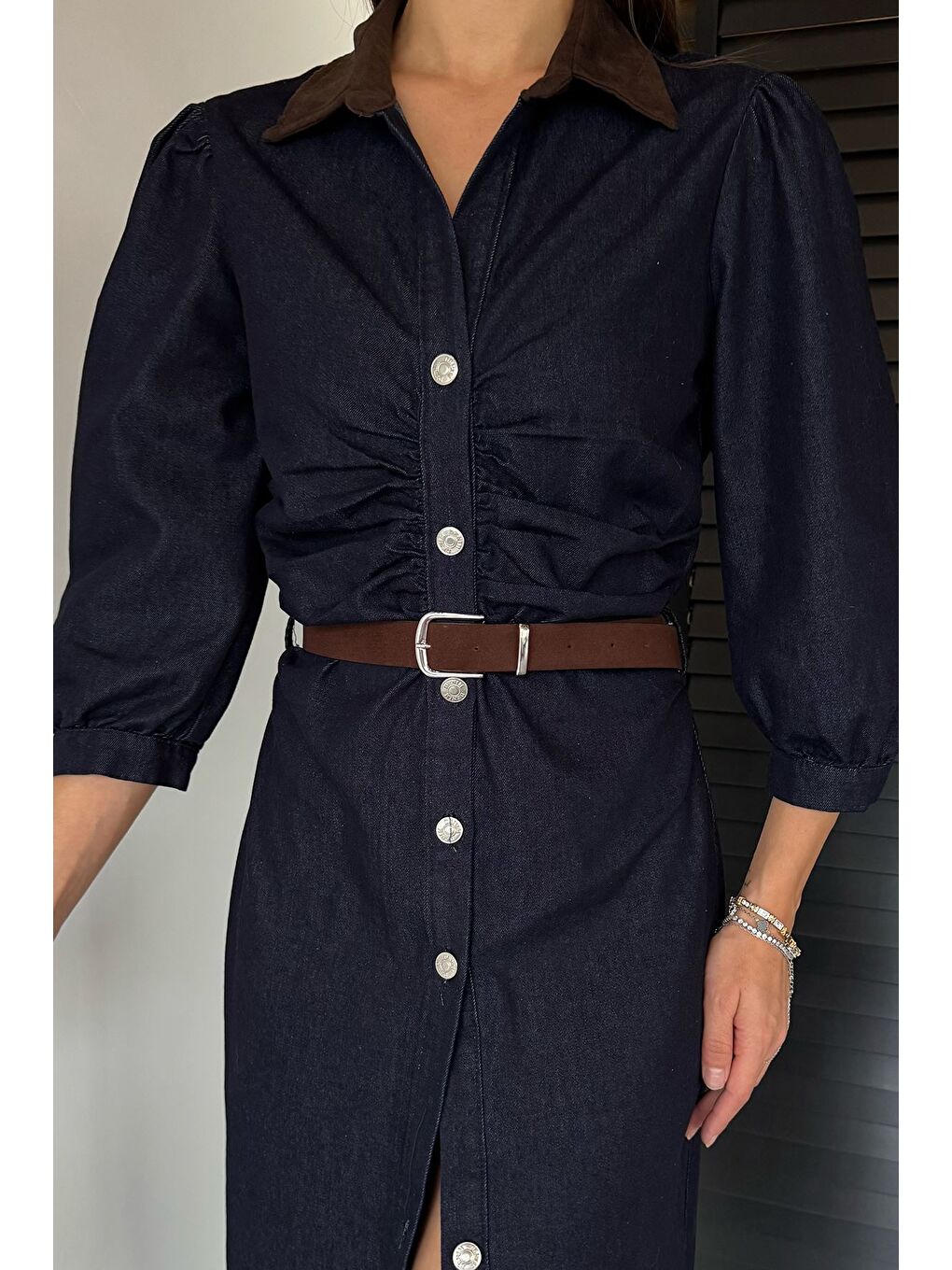 Lacivert Kadın Boydan Düğmeli Bel Kemer Aksesuarlı Jean Jean Elbise-3