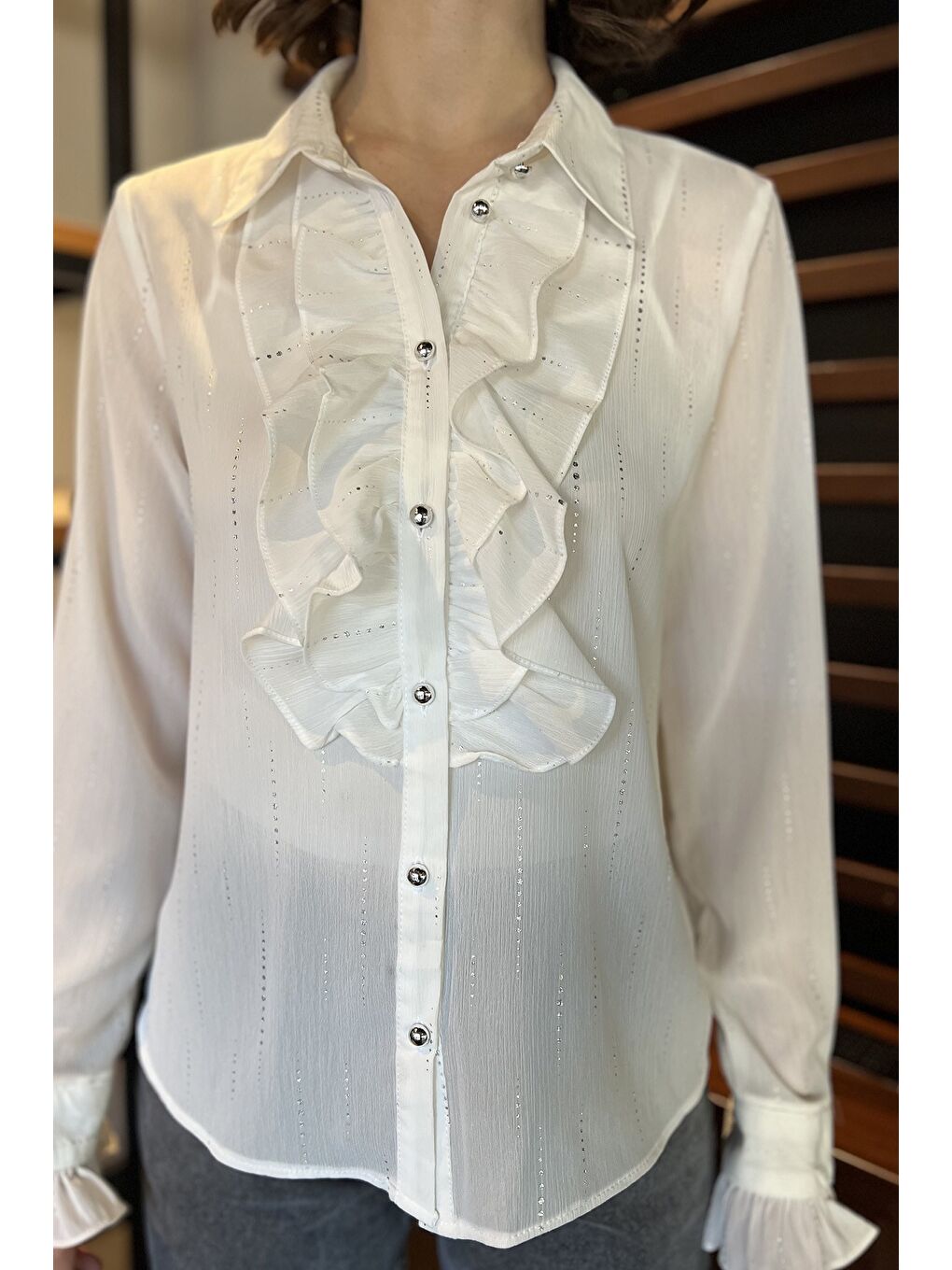 Ekru Kadın Volanlı İçlik Kombinli Gömlek-3