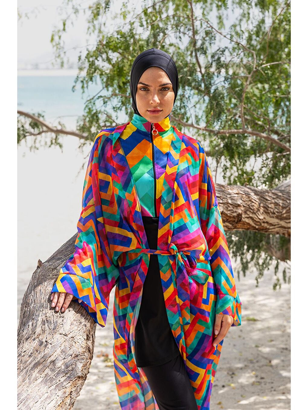Siyah Tesettür Mayo Üzerine Tek Kaftan Kimono Pareo RP016 Tetris-2