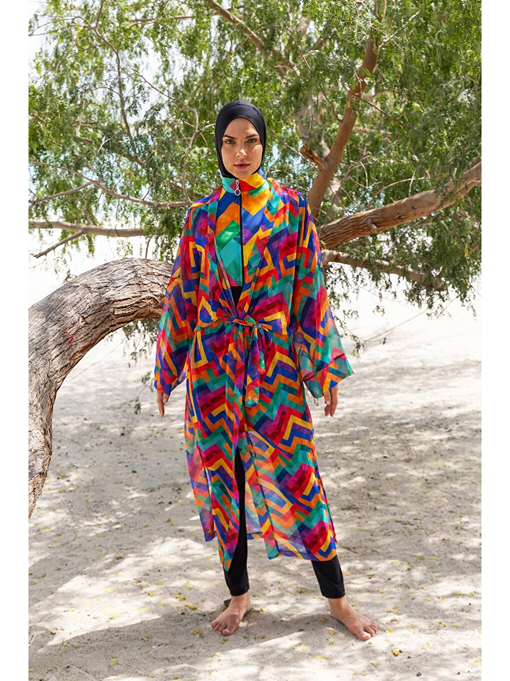 Siyah Tesettür Mayo Üzerine Tek Kaftan Kimono Pareo RP016 Tetris-3