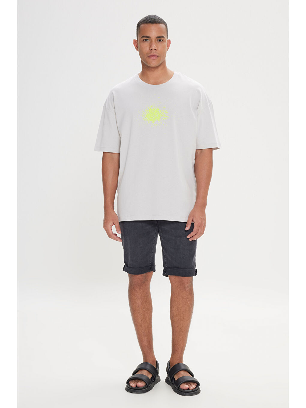 Erkek Gri Oversize Bol Kesim Bisiklet Yaka %100 Pamuk Sırt Baskılı Tişört-2