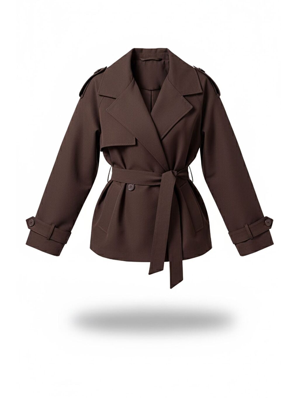 Kahverengi Kadın Kruvaze Yaka Bel Kuşak Detaylı Kısa Trençkot