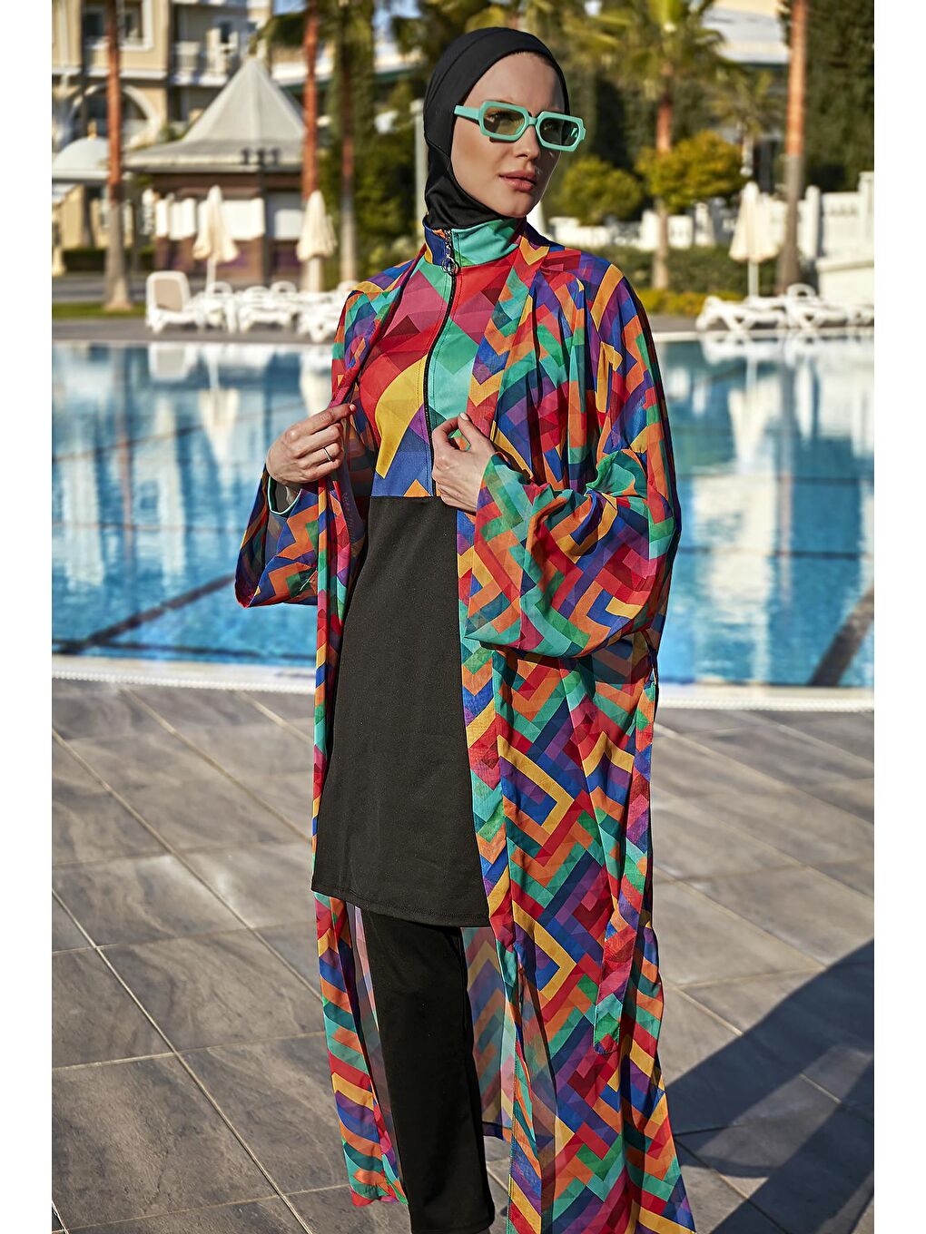 Siyah Tesettür Mayo Üzerine Tek Kaftan Kimono Pareo RP016 Tetris-4