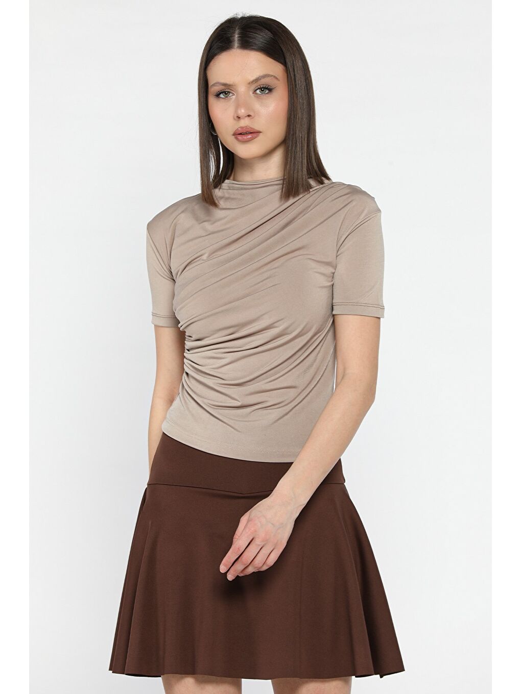 Bej Kadın Omuz Ve Bel Drapeli Kısa Kol Bluz-1