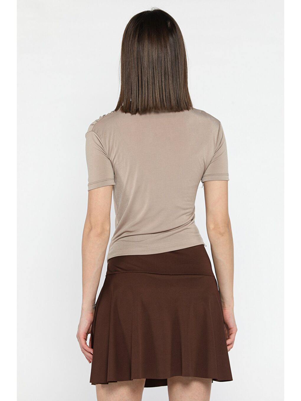 Bej Kadın Omuz Ve Bel Drapeli Kısa Kol Bluz-2