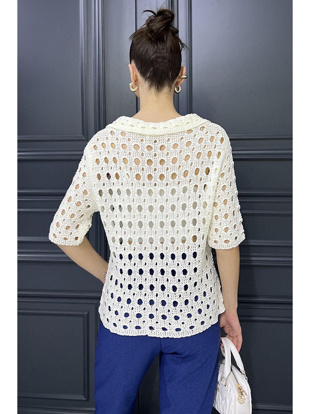 Ekru Kadın Polo Yaka Ajurlu Mevsimlik Triko Bluz-2