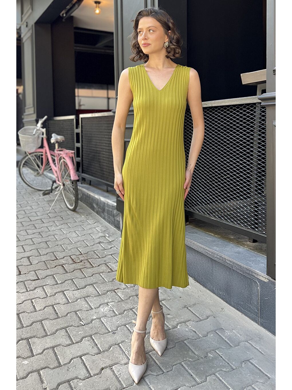 Yeşil Kadın Sıfır Kol Triko Elbise