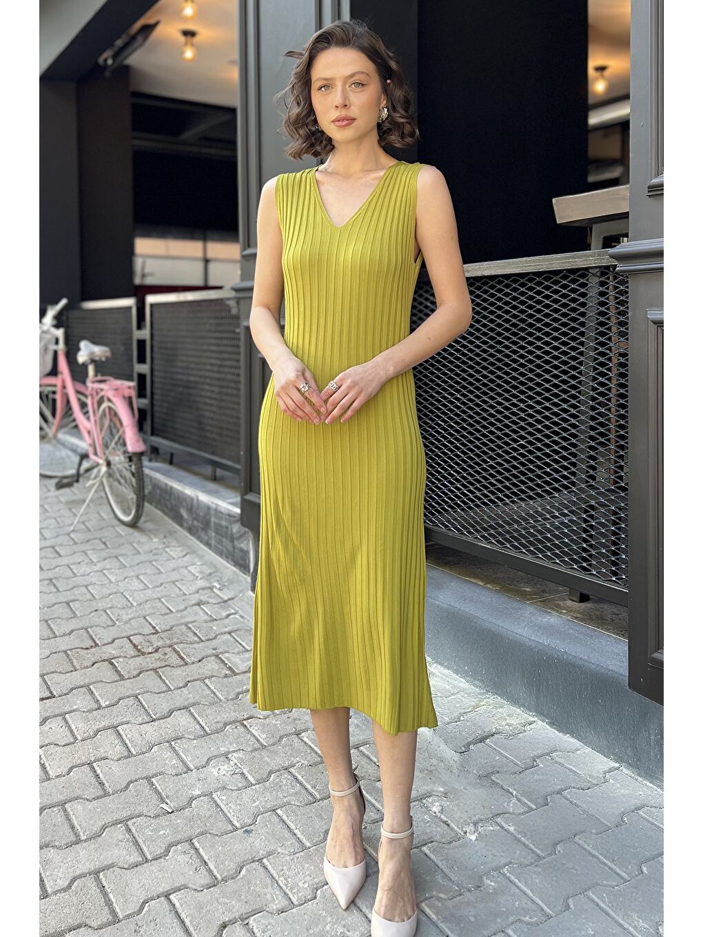 Yeşil Kadın Sıfır Kol Triko Elbise-1