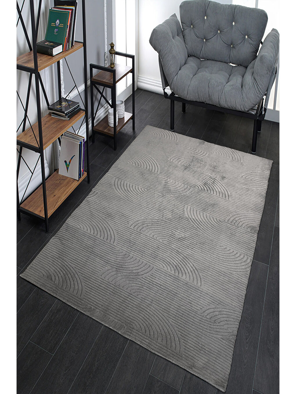 Gri Kendinden Desenli Halı, Yumuşak, Kaydırmaz Taban, Yıkanabilir, Modern Halı