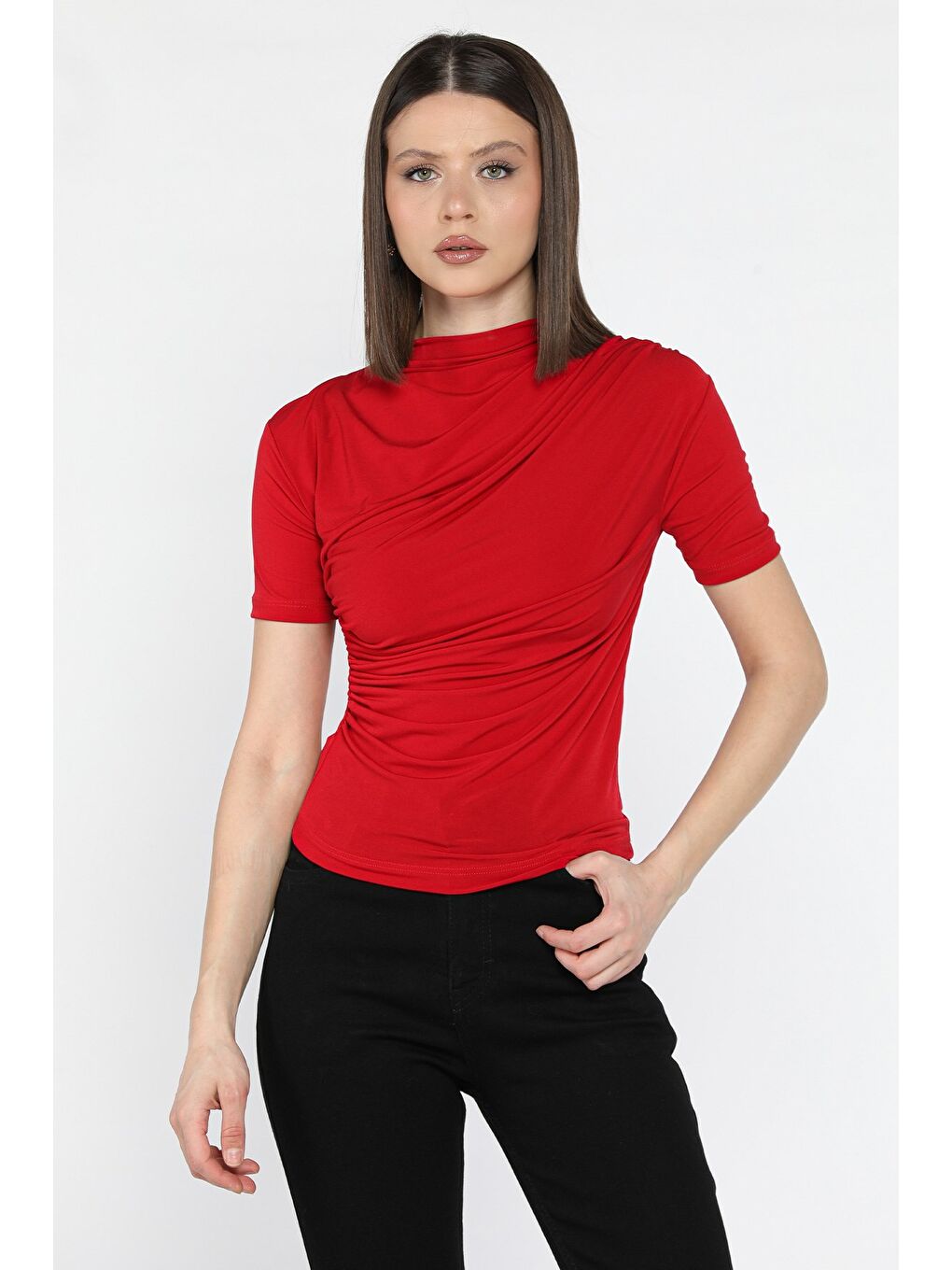 Kırmızı Kadın Omuz Ve Bel Drapeli Kısa Kol Bluz