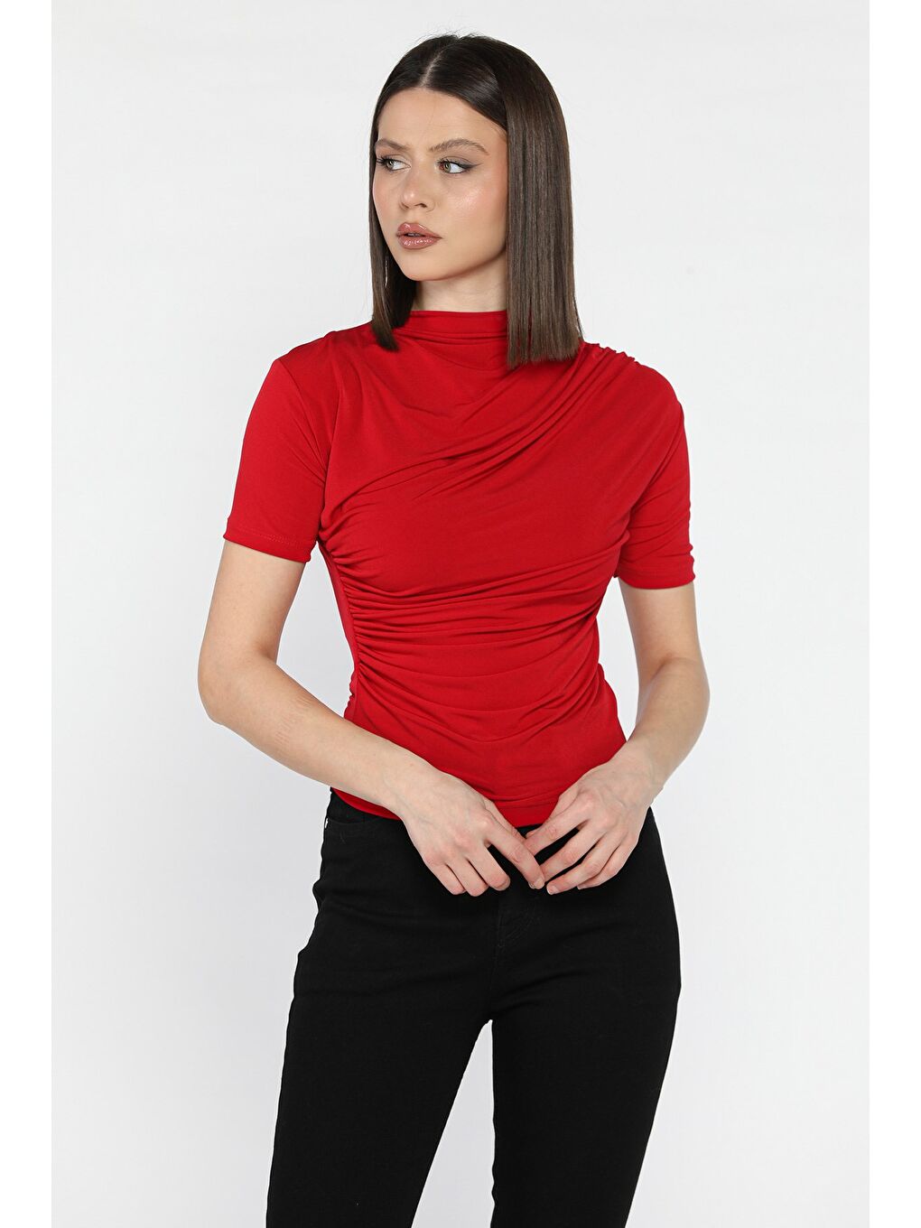 Kırmızı Kadın Omuz Ve Bel Drapeli Kısa Kol Bluz-1