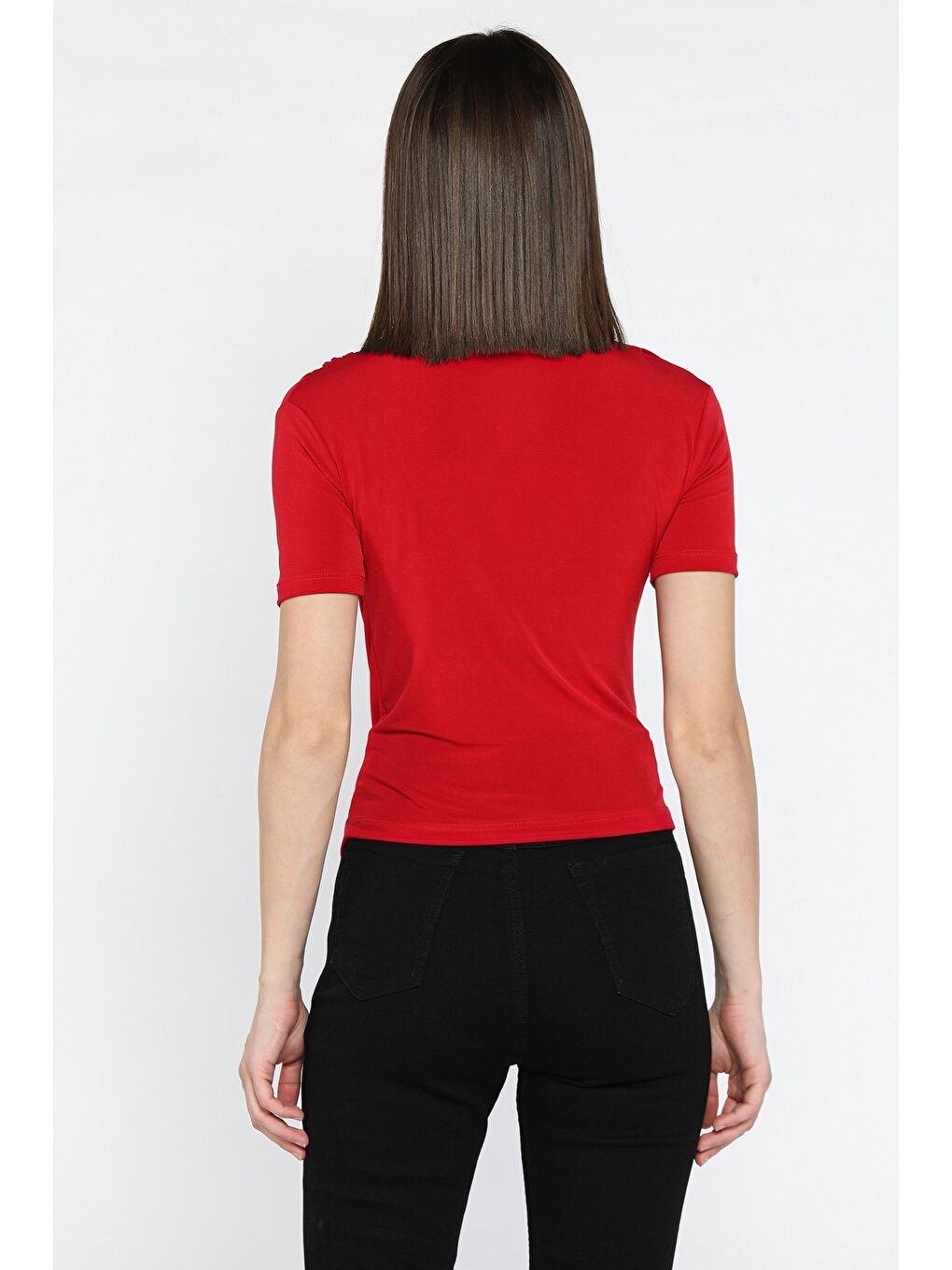 Kırmızı Kadın Omuz Ve Bel Drapeli Kısa Kol Bluz-2