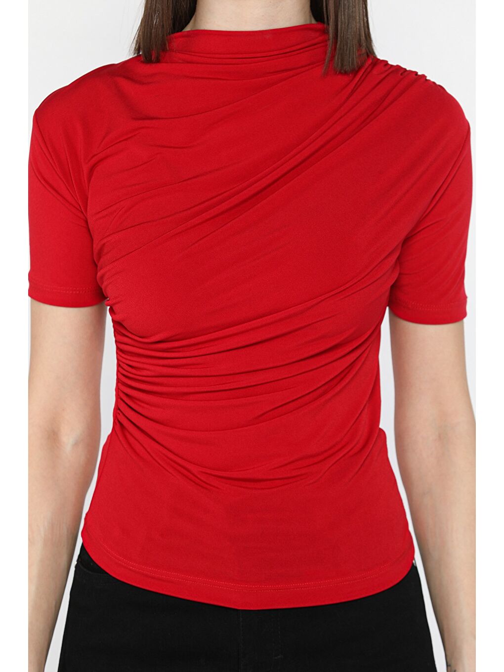 Kırmızı Kadın Omuz Ve Bel Drapeli Kısa Kol Bluz-3