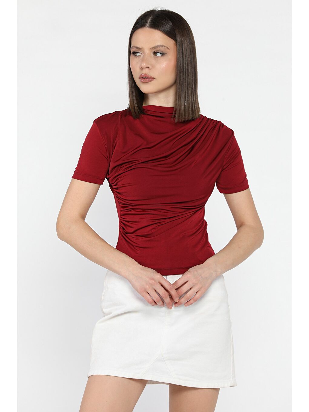 Bordo Kadın Omuz Ve Bel Drapeli Kısa Kol Bluz-1