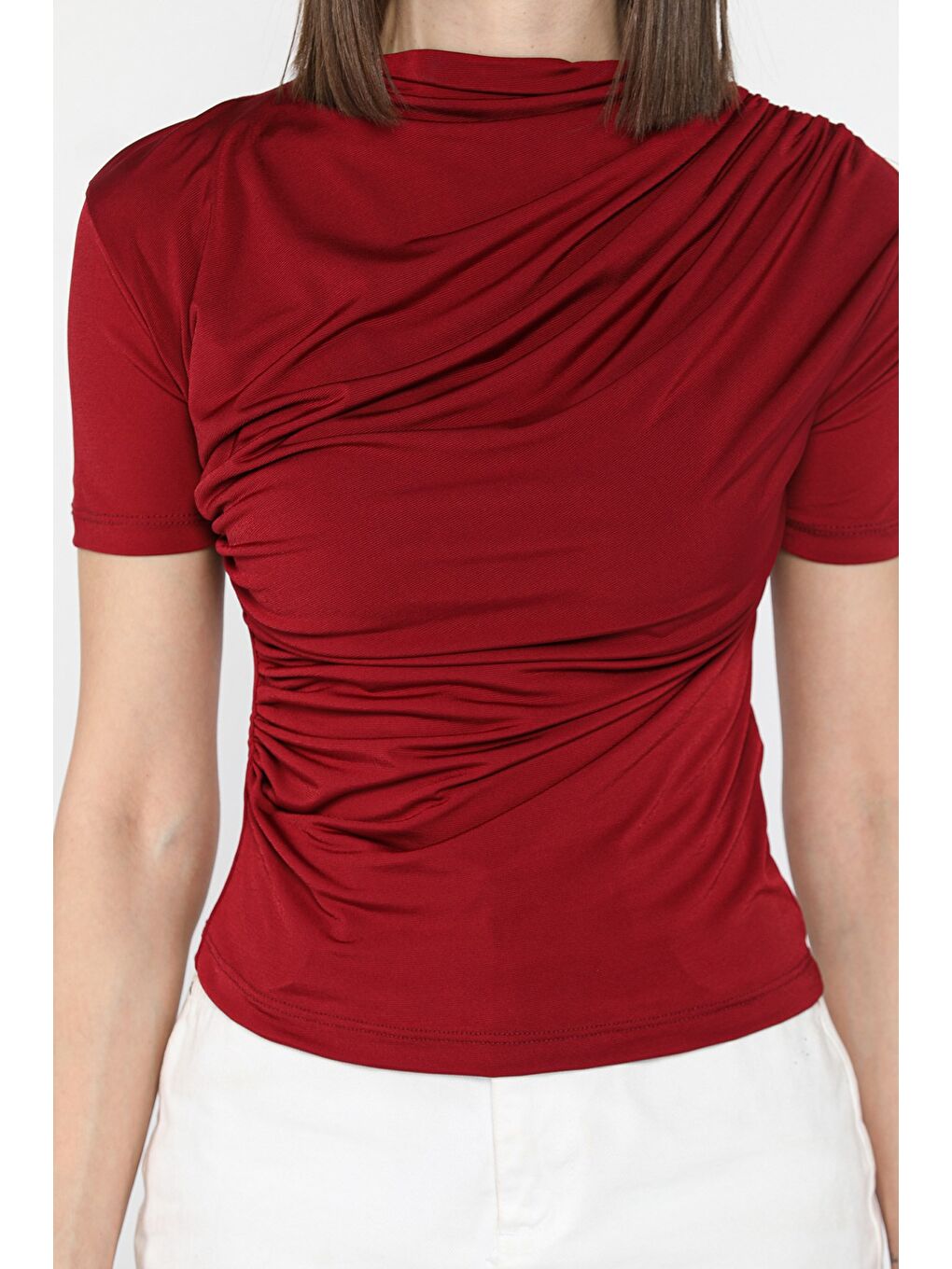Bordo Kadın Omuz Ve Bel Drapeli Kısa Kol Bluz-2