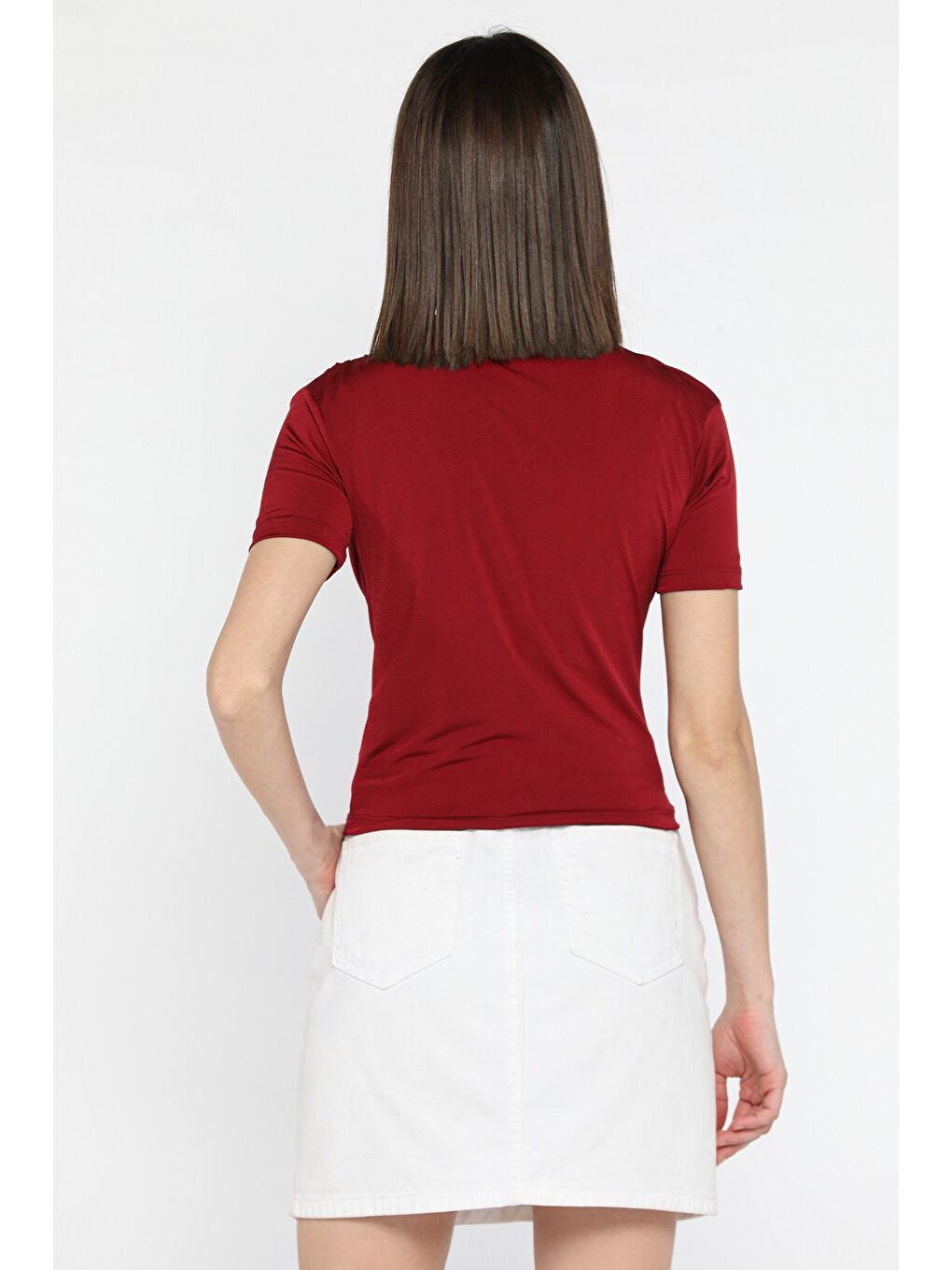 Bordo Kadın Omuz Ve Bel Drapeli Kısa Kol Bluz-3