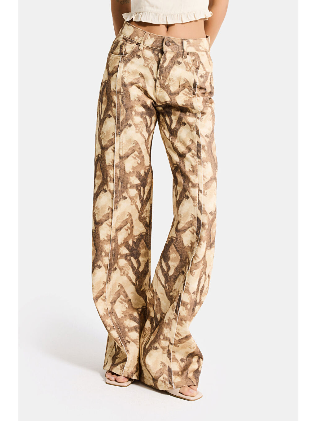 Kahverengi Kadın Kahve 7s6 Desen-10 Boyfriend Bol Kesim Özel Baskılı Kumaş Tasarım Denim Jean