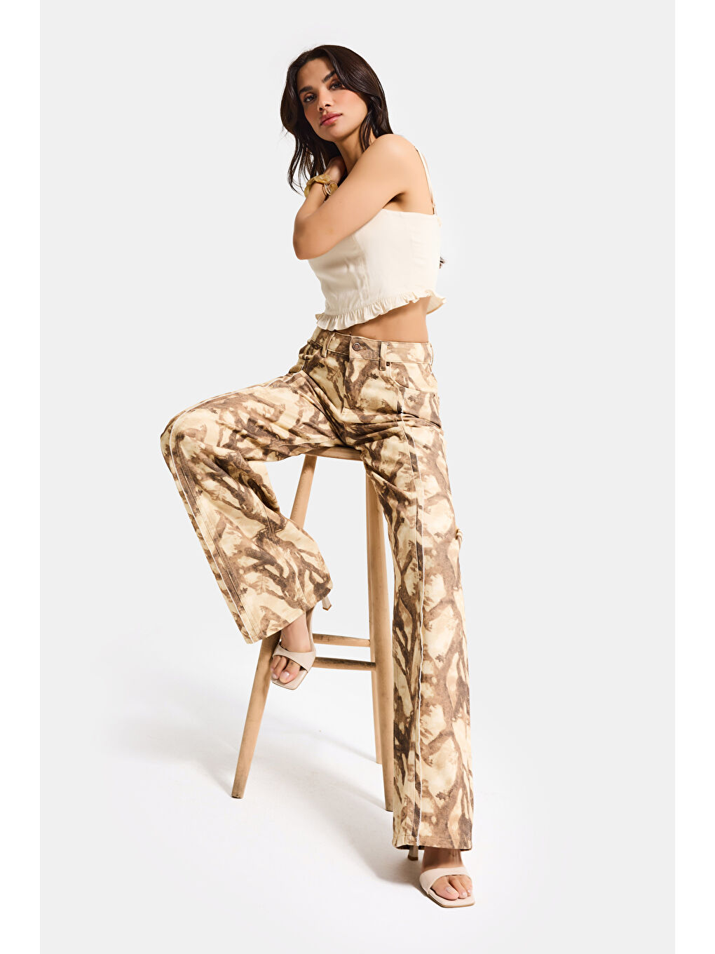 Kahverengi Kadın Kahve 7s6 Desen-10 Boyfriend Bol Kesim Özel Baskılı Kumaş Tasarım Denim Jean-1