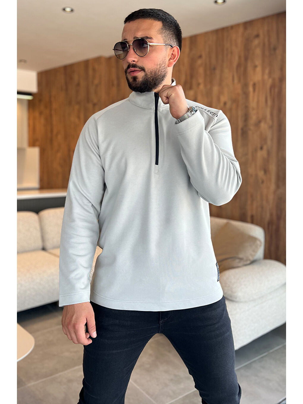 Mishar İtalia Gri Yarım Fermuarlı Baskılı Double Face Erkek Sweatshirt - 1