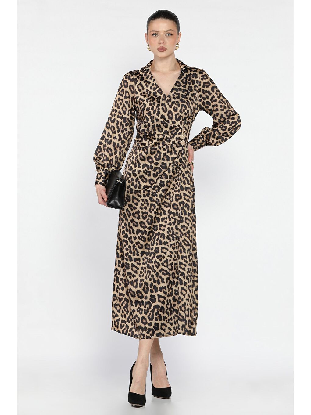Kahverengi Leopar Desenli Drapeli Saten Elbise-1