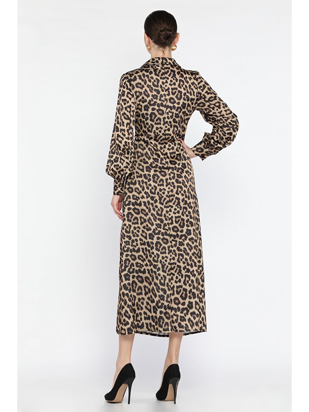 Kahverengi Leopar Desenli Drapeli Saten Elbise-2
