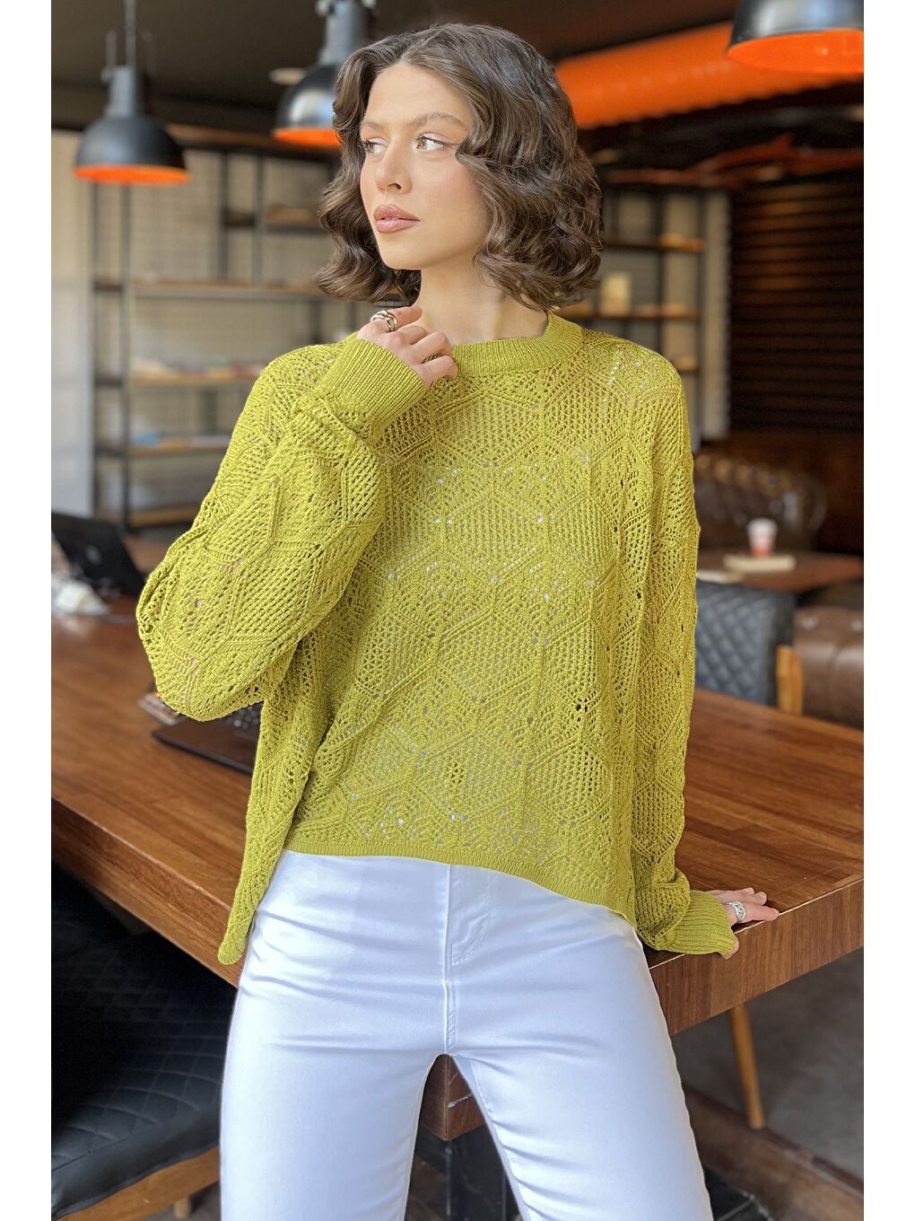 Yeşil Ajurlu Kadın Triko Bluz