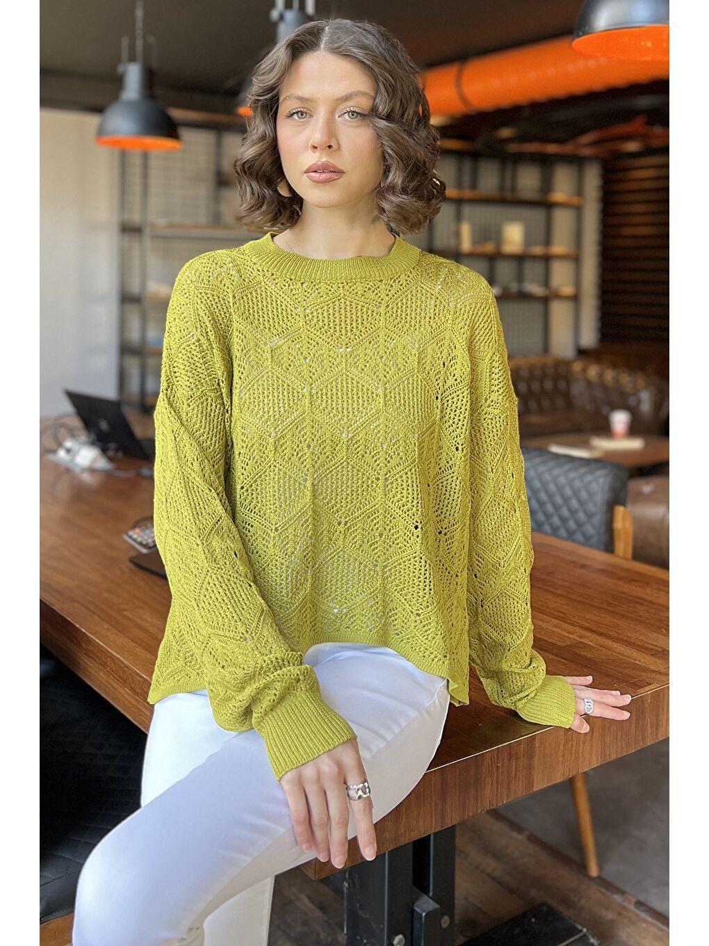 Yeşil Ajurlu Kadın Triko Bluz-1