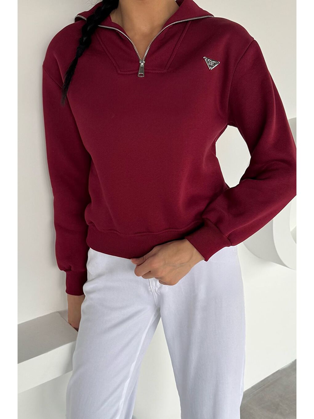 Bordo Kadın Yarım Fermuarlı Metal Aksesuarlı Şardonlu Sweatshirt-1